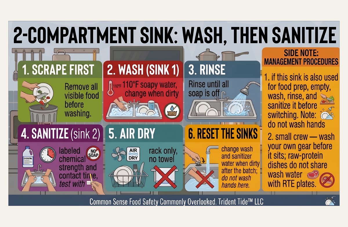 Galley Guardian 2-compartment sink poster: wash, then sanitize